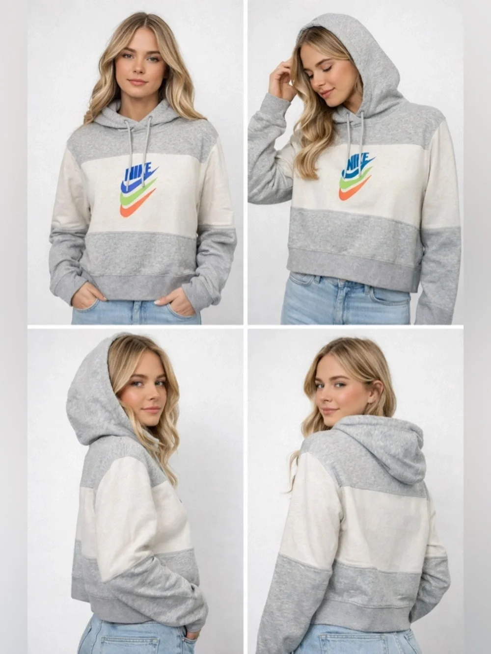 Nike Cropped Hoodie Women’s XS Gray Cream Colorblock Multicolor Logo Sweatshirt